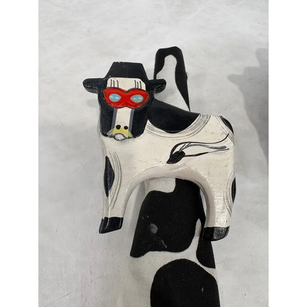 Vintage Masked Cow Wooden Napkin Rings and Cow Print Cloth Napkins Set of 2